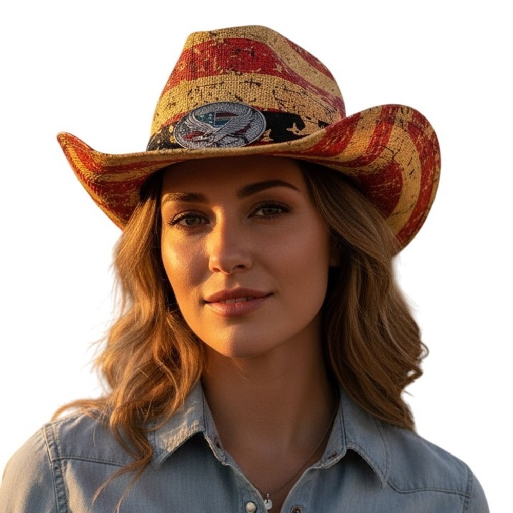Tea Stained Vintage Paper Straw American Flag Fashion Cowboy Hat NWT